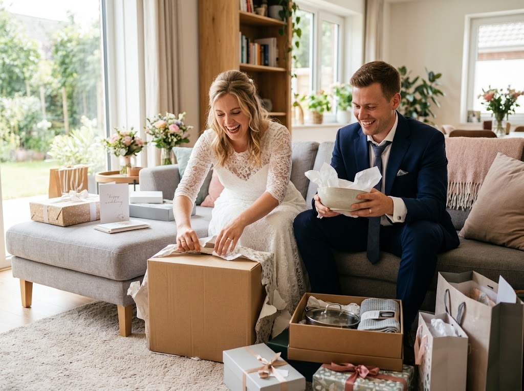 Des jeunes mariés ouvrent leurs cadeaux de mariage