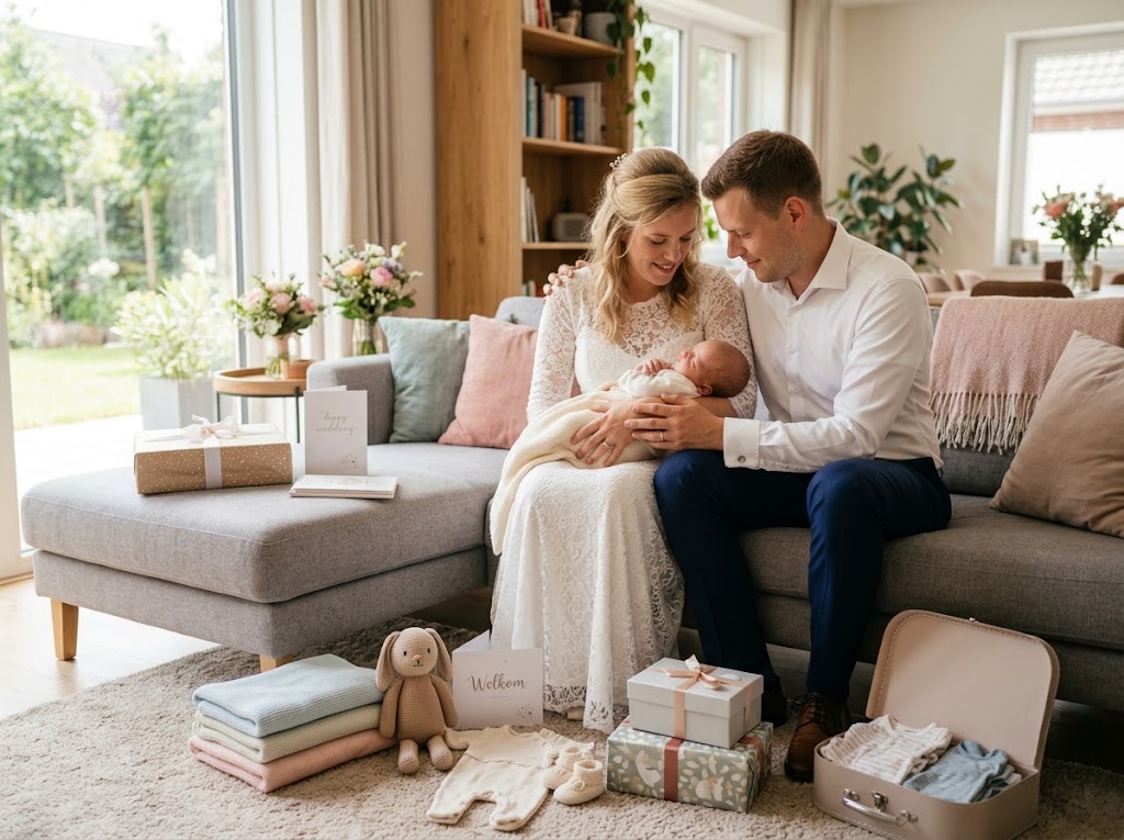 Des parents avec leur nouveau-né et une pile de cadeaux de naissance