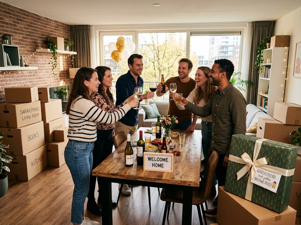 Des amis trinquent lors d'une pendaison de crémaillère dans une nouvelle maison