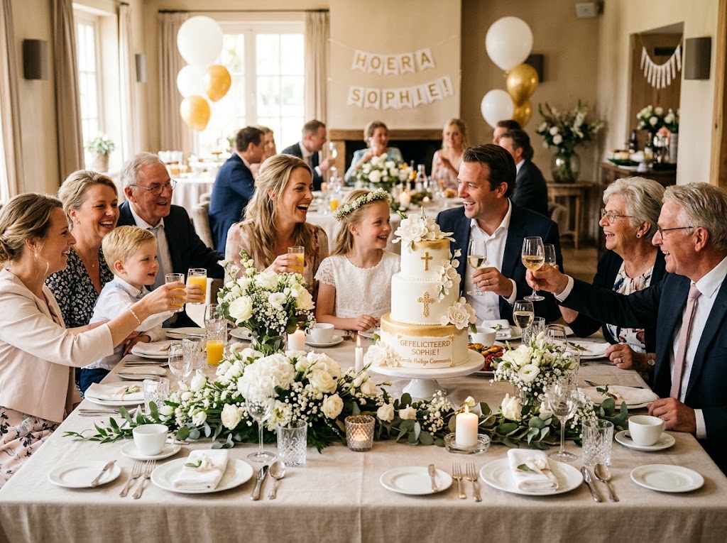 Familie viert de communie aan een feestelijke tafel