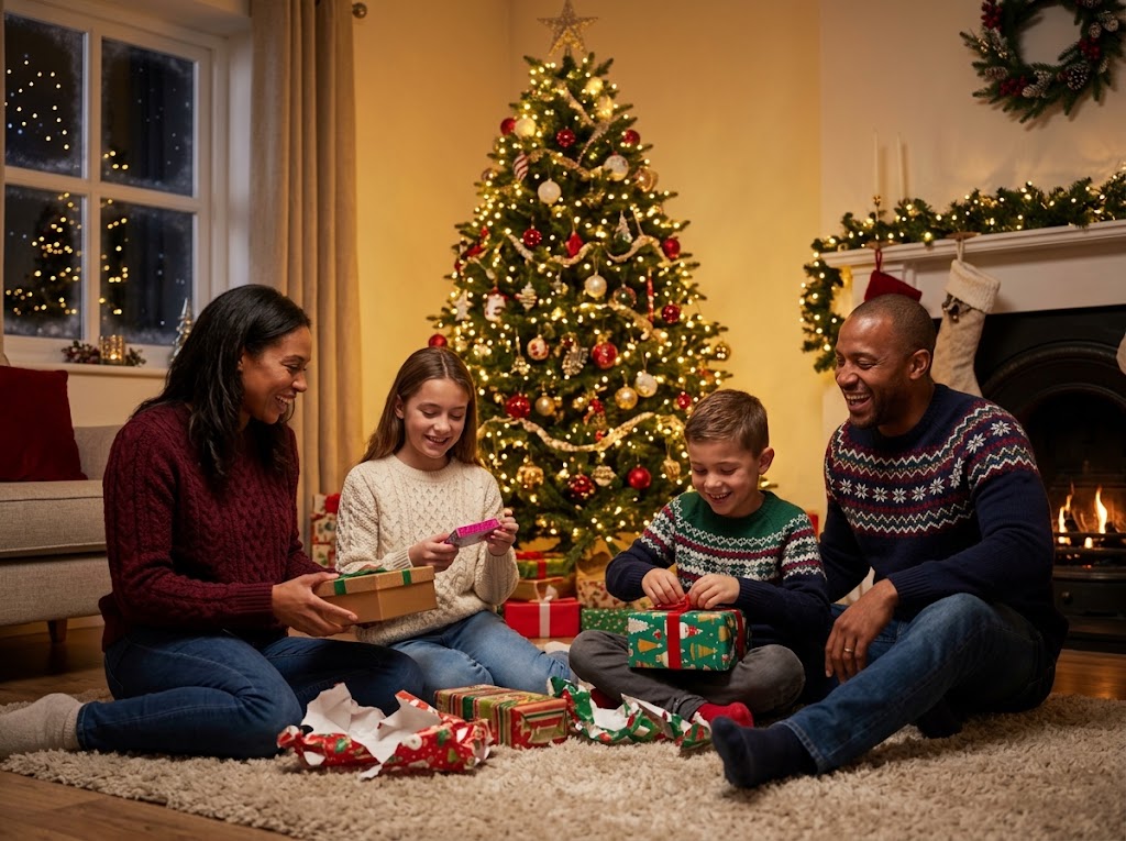 Une famille déballe des cadeaux près du sapin de Noël