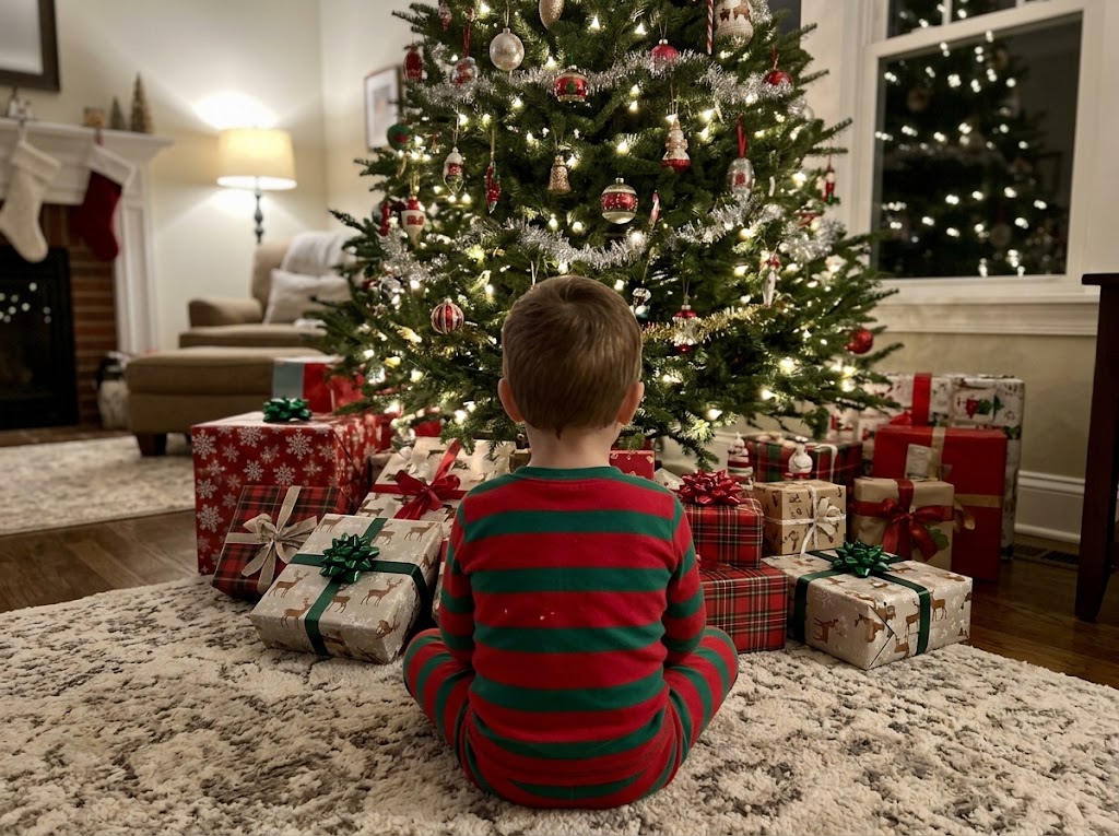 Un enfant regarde les cadeaux sous le sapin