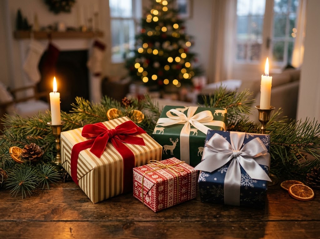 Des cadeaux emballés de papier de Noël sur une table à la lueur des bougies