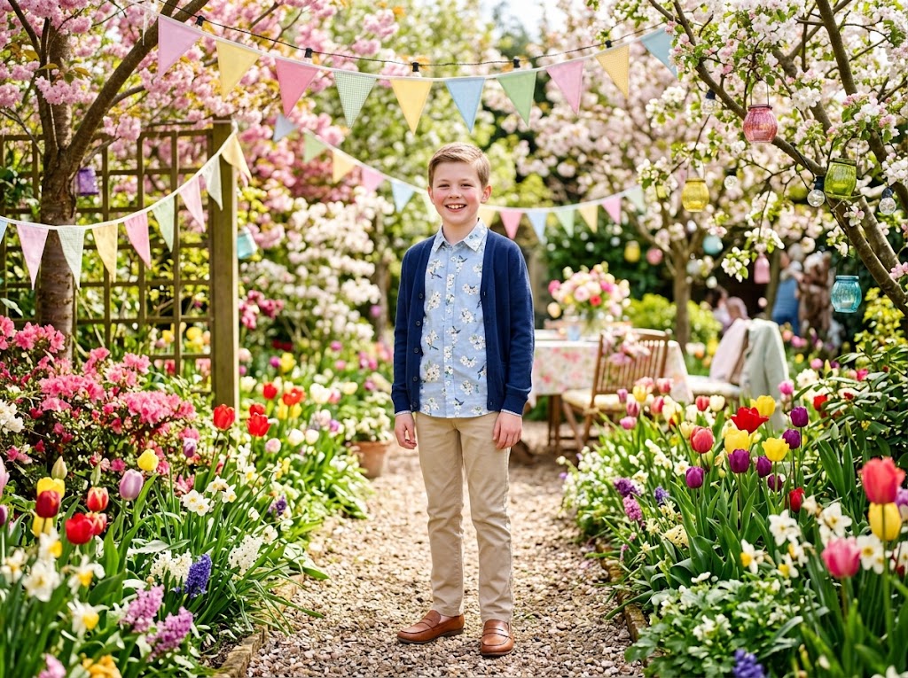 Un enfant en tenue de fête lors d'une fête laïque dans le jardin