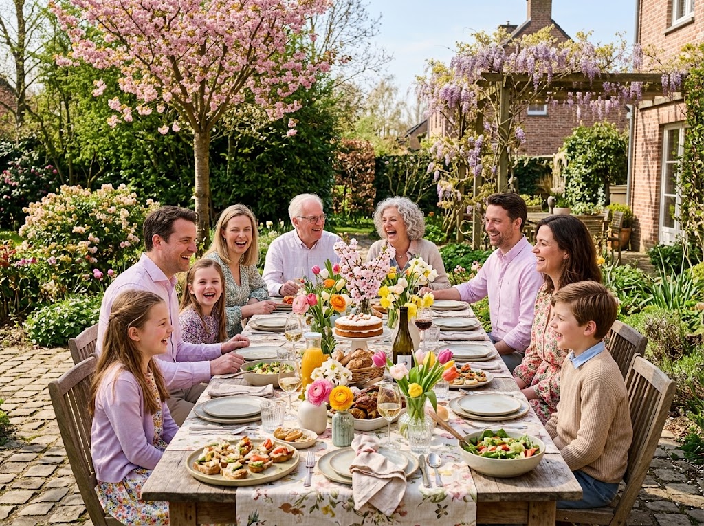 Une famille autour d'une table de fête au printemps