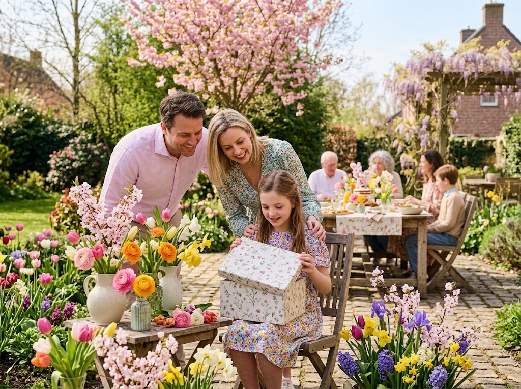 Un enfant déballe un cadeau parmi les fleurs de printemps
