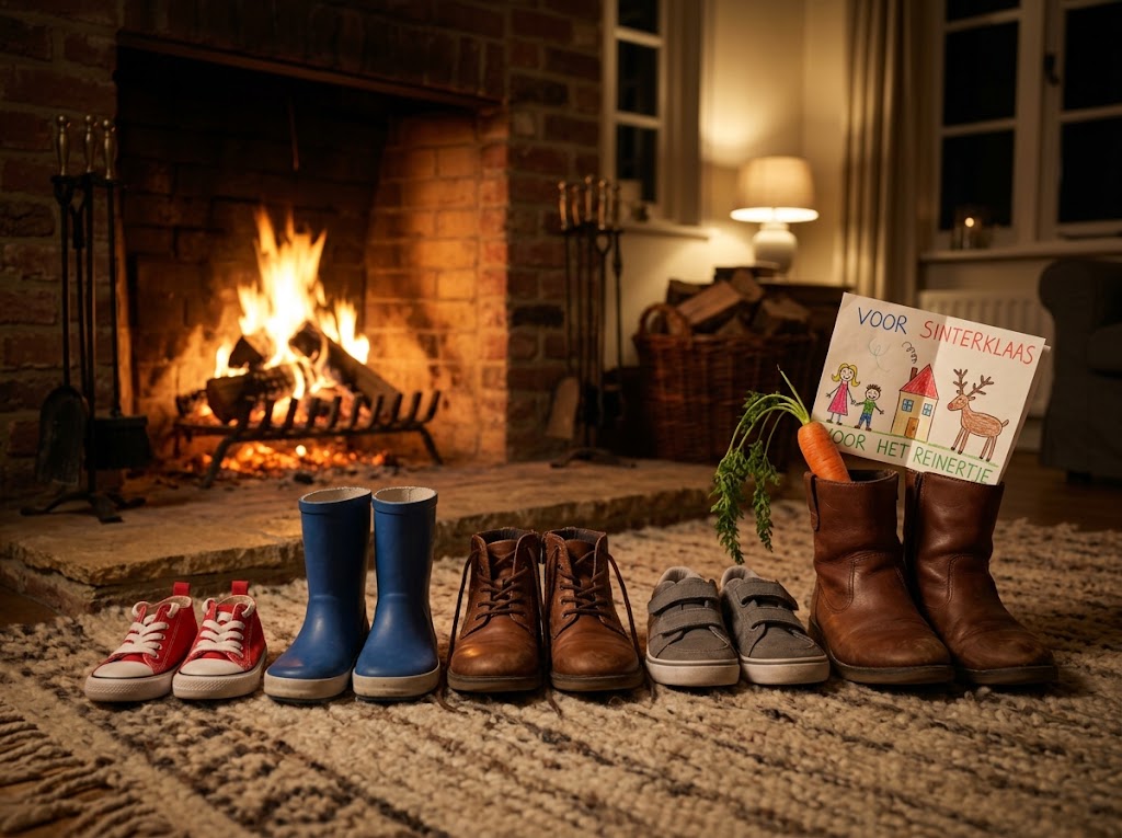 Kinderen zetten hun schoen bij de open haard voor Sinterklaas