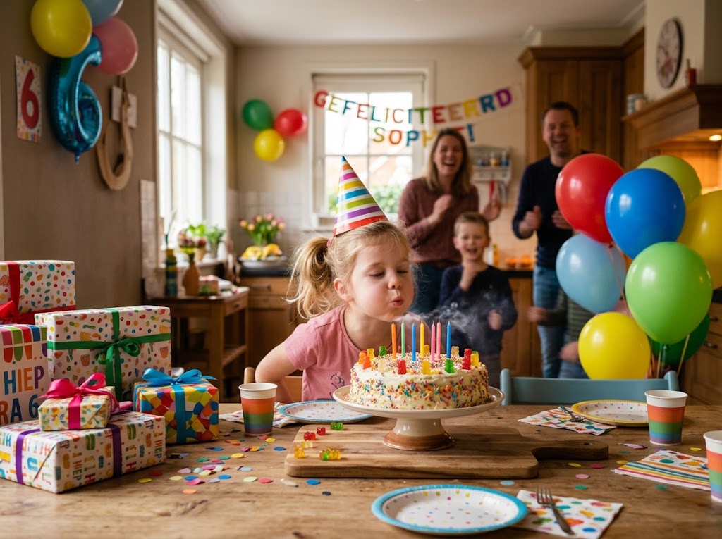 Un enfant souffle les bougies de son gâteau d'anniversaire