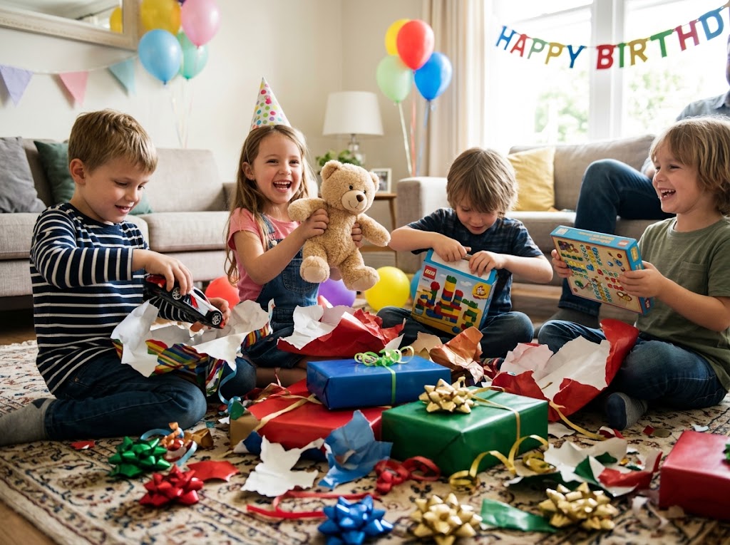 Des enfants déballent des cadeaux à une fête d'anniversaire