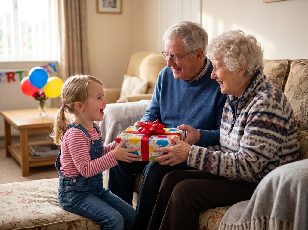 Des grands-parents offrent un cadeau d'anniversaire à leur petit-enfant