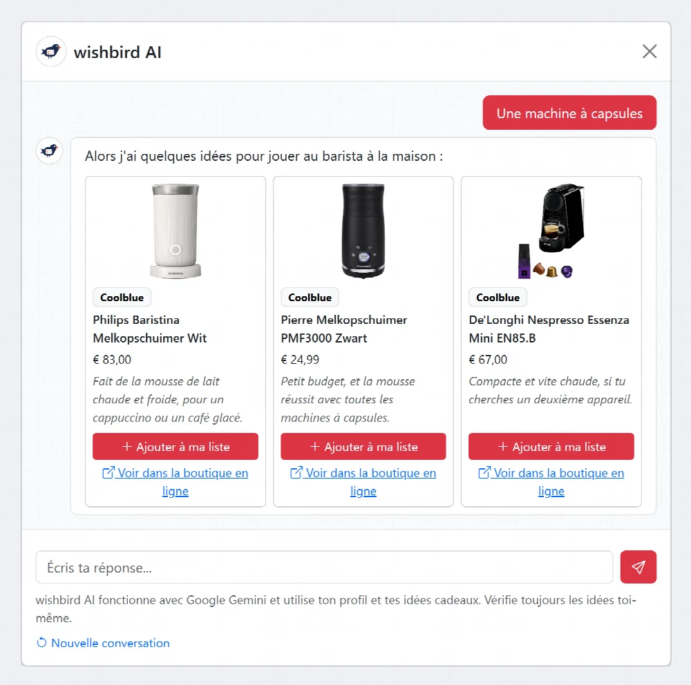 wishbird AI propose des idées cadeaux avec une courte explication